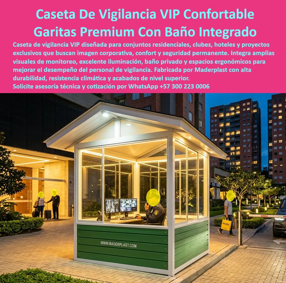 Caseta Celaduría VIP Iluminada Garita Portería Baño Privado Maderplast - La caseta de celaduría VIP iluminada con baño privado representa una nueva generación de garitas residenciales diseñadas para conjuntos cerrados, clubes, condominios, edificios de lujo, hoteles, proyectos inmobiliarios y desarrollos urbanos que buscan combinar seguridad, de Maderplast imagen arquitectónica y bienestar operativo del personal de vigilancia. La imagen muestra una garita premium completamente iluminada durante la noche, instalada en un acceso residencial de alta categoría, con amplias superficies acristaladas, excelente visibilidad, monitoreo permanente, espacios ergonómicos y una arquitectura moderna que mejora la percepción de seguridad y valoriza el proyecto. Esta caseta de vigilancia residencial premium integra puesto de control, área de monitoreo CCTV, iluminación interior de alta eficiencia, baño privado, excelente ventilación y una distribución funcional que permite al personal desempeñar sus labores en condiciones adecuadas durante turnos prolongados. Su diseño genera una presencia institucional elegante que transmite confianza tanto a residentes como a visitantes y fortalece la imagen corporativa de la administración. Fabricada por Maderplast en materiales plásticos estructurales de alto desempeño, esta garita residencial anticorrosiva ofrece resistencia permanente a la humedad, la lluvia, el sol, los rayos ultravioleta, la contaminación urbana y el uso intensivo. A diferencia de las porterías metálicas que se oxidan o las estructuras convencionales que requieren constantes reparaciones, la solución Maderplast conserva su apariencia, su color y su funcionalidad durante largos periodos de servicio, reduciendo considerablemente los costos de mantenimiento y evitando interrupciones operativas. Las garitas de entrada para conjuntos VIP se han convertido en una herramienta de valorización inmobiliaria. Administradores, constructoras, arquitectos, ingenieros residentes, diseñadores urbanos, directores de proyectos y comités de compras encuentran en este tipo de solución una inversión orientada a la durabilidad, la seguridad y la tranquilidad operativa. El verdadero costo de una portería no se mide únicamente por el precio inicial, sino por los gastos de pintura, reparaciones, corrosión, deterioro, filtraciones y reemplazos que suelen aparecer en soluciones de baja calidad. La caseta residencial premium lista para instalación rápida permite reducir tiempos de obra, facilitar la logística y entregar proyectos terminados en menor tiempo. Maderplast puede fabricar estos módulos bajo especificaciones técnicas, planos arquitectónicos, requerimientos de seguridad, necesidades de imagen institucional o diseños personalizados. El cliente recibe una solución integral que puede incluir mobiliario, acabados especiales, instalaciones internas y adaptaciones funcionales según cada proyecto. Los compradores técnicos encuentran respaldo adicional en las pruebas de laboratorio, ensayos de resistencia, demostraciones reales y documentación técnica disponible. Los materiales Maderplast han sido sometidos a pruebas extremas de impacto, resistencia y comportamiento estructural, permitiendo que ingenieros, proyectistas y responsables de compras puedan especificar el producto con plena confianza y tranquilidad profesional. Esta garita de vigilancia residencial premium no solamente protege el acceso de un conjunto. También mejora la imagen del proyecto, incrementa la percepción de seguridad, ofrece confort al personal de vigilancia y disminuye el costo total de propiedad durante toda su vida útil. Cuando se evalúan mantenimiento, durabilidad, estética, resistencia climática y respaldo técnico, la inversión en Maderplast se convierte en una decisión lógica y financieramente responsable. Para quienes buscan una caseta de vigilancia VIP con baño integrado, una garita residencial iluminada, una portería moderna para conjuntos de alto nivel o una caseta de control lista para instalar, Maderplast ofrece diseño, fabricación, asesoría técnica y acompañamiento especializado. La calidad del producto, la experiencia acumulada y el respaldo técnico permiten eliminar el riesgo de compra y garantizar una solución durable, estética y confiable. Asesoría Especializada Con Un Ingeniero De Maderplast. Atención Personalizada WhatsApp +57 300 223 0006. Garitas De Entrada Conjunto VIP Caseta Con Baño Integrado, Caseta Residencial Premium Lista Para Instalación Rápida, Garita Vigilancia Residencial Premium Caseta Caseta Celaduría VIP Iluminada Garita Portería Baño Privado Maderplast Garitas De Entrada Conjunto VIP Caseta Con Baño Integrado Caseta Residencial Premium Lista Para Instalación Rápida Garita Vigilancia Residencial Premium Caseta La caseta de celaduría VIP iluminada con baño privado representa una nueva generación de garitas residenciales diseñadas para conjuntos cerrados, clubes, condominios, edificios de lujo, hoteles, proyectos inmobiliarios y desarrollos urbanos que buscan combinar seguridad, de Maderplast imagen arquitectónica y bienestar operativo del personal de vigilancia. La imagen muestra una garita premium completamente iluminada durante la noche, instalada en un acceso residencial de alta categoría, con amplias superficies acristaladas, excelente visibilidad, monitoreo permanente, espacios ergonómicos y una arquitectura moderna que mejora la percepción de seguridad y valoriza el proyecto. Esta caseta de vigilancia residencial premium integra puesto de control, área de monitoreo CCTV, iluminación interior de alta eficiencia, baño privado, excelente ventilación y una distribución funcional que permite al personal desempeñar sus labores en condiciones adecuadas durante turnos prolongados. Su diseño genera una presencia institucional elegante que transmite confianza tanto a residentes como a visitantes y fortalece la imagen corporativa de la administración. Fabricada por Maderplast en materiales plásticos estructurales de alto desempeño, esta garita residencial anticorrosiva ofrece resistencia permanente a la humedad, la lluvia, el sol, los rayos ultravioleta, la contaminación urbana y el uso intensivo. A diferencia de las porterías metálicas que se oxidan o las estructuras convencionales que requieren constantes reparaciones, la solución Maderplast conserva su apariencia, su color y su funcionalidad durante largos periodos de servicio, reduciendo considerablemente los costos de mantenimiento y evitando interrupciones operativas. Las garitas de entrada para conjuntos VIP se han convertido en una herramienta de valorización inmobiliaria. Administradores, constructoras, arquitectos, ingenieros residentes, diseñadores urbanos, directores de proyectos y comités de compras encuentran en este tipo de solución una inversión orientada a la durabilidad, la seguridad y la tranquilidad operativa. El verdadero costo de una portería no se mide únicamente por el precio inicial, sino por los gastos de pintura, reparaciones, corrosión, deterioro, filtraciones y reemplazos que suelen aparecer en soluciones de baja calidad. La caseta residencial premium lista para instalación rápida permite reducir tiempos de obra, facilitar la logística y entregar proyectos terminados en menor tiempo. Maderplast puede fabricar estos módulos bajo especificaciones técnicas, planos arquitectónicos, requerimientos de seguridad, necesidades de imagen institucional o diseños personalizados. El cliente recibe una solución integral que puede incluir mobiliario, acabados especiales, instalaciones internas y adaptaciones funcionales según cada proyecto. Los compradores técnicos encuentran respaldo adicional en las pruebas de laboratorio, ensayos de resistencia, demostraciones reales y documentación técnica disponible. Los materiales Maderplast han sido sometidos a pruebas extremas de impacto, resistencia y comportamiento estructural, permitiendo que ingenieros, proyectistas y responsables de compras puedan especificar el producto con plena confianza y tranquilidad profesional. Esta garita de vigilancia residencial premium no solamente protege el acceso de un conjunto. También mejora la imagen del proyecto, incrementa la percepción de seguridad, ofrece confort al personal de vigilancia y disminuye el costo total de propiedad durante toda su vida útil. Cuando se evalúan mantenimiento, durabilidad, estética, resistencia climática y respaldo técnico, la inversión en Maderplast se convierte en una decisión lógica y financieramente responsable. Para quienes buscan una caseta de vigilancia VIP con baño integrado, una garita residencial iluminada, una portería moderna para conjuntos de alto nivel o una caseta de control lista para instalar, Maderplast ofrece diseño, fabricación, asesoría técnica y acompañamiento especializado. La calidad del producto, la experiencia acumulada y el respaldo técnico permiten eliminar el riesgo de compra y garantizar una solución durable, estética y confiable. Asesoría Especializada Con Un Ingeniero De Maderplast. Atención Personalizada WhatsApp +57 300 223 0006.