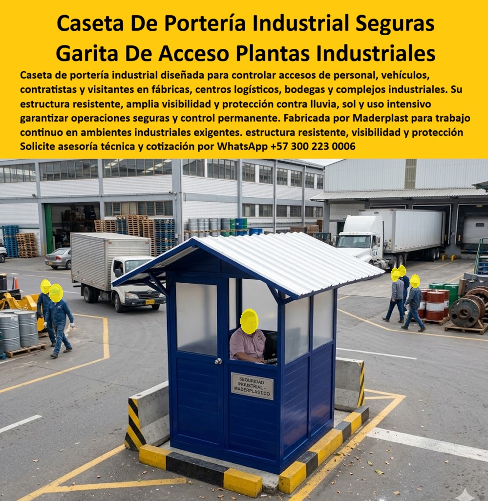 Caseta De Portería Zonas Industriales Garita De Acceso Maderplast - Caseta de portería industrial modular color azul marino con techo acanalado blanco tipo zinc, Maderplast paneles translúcidos superiores para iluminación natural, puerta doble con cerradura de seguridad y placa institucional "Seguridad Industrial - Maderplast.co" visible en fachada, instalada sobre sardinel de demarcación amarillo y negro en patio industrial activo con camiones de carga, montacargas, estibas y tambores al fondo: este es el puesto de control de acceso industrial que fábricas, centros logísticos, bodegas, parques industriales y complejos manufactureros necesitan para garantizar vigilancia permanente, control documentado de personal y vehículos, y cumplimiento de los estándares HSE que exigen sus clientes, certificaciones y entes de control. En una planta industrial de operación continua, el puesto de portería es el primer punto de control SE: registra contratistas, verifica credenciales, documenta el ingreso de vehículos pesados y garantiza que nadie acceda sin autorización. Un puesto de control precario, sin visibilidad adecuada, sin protección climática real y sin resistencia al uso intensivo diario, genera brechas de seguridad que se traducen en incidentes, sanciones de entes reguladores y pérdida de certificaciones de calidad que cuestan infinitamente más que una garita industrial prefabricada de alta resistencia fabricada por Maderplast. La placa institucional visible en fachada no es decorativa: es el respaldo de un fabricante que entiende que en entornos industriales exigentes, la imagen del puesto de control refleja directamente la seriedad operativa de toda la organización. Los paneles translúcidos superiores permiten iluminación natural diurna sin costo energético, manteniendo visibilidad completa del operador hacia el patio industrial en todas las condiciones de luz, mientras el techo acanalado blanco de gran voladizo protege de lluvia intensa sin acumular calor en el interior. El plástico técnico de alta densidad azul marino resiste sin degradación los rayos UV de zonas industriales a cielo abierto, los impactos de maquinaria pesada en movimiento, la contaminación química ambiental de plantas de manufactura, la humedad permanente y el uso continuo en tres turnos diarios durante más de 20 años sin repintado, sin sellados, sin reparaciones estructurales y sin reposición de componentes. Las pruebas de resistencia extrema ante mazo, retroexcavadora y rotomartillo disponibles en youtube.com/@maderplasSA eliminan cualquier duda técnica antes de la especificación en pliegos o la firma de la orden de compra. El análisis de costo total de propiedad (TCO) es definitivo: una garita metálica convencional en entorno industrial acumula oxidación acelerada por contaminantes ambientales, repintados semestrales, reparaciones por impactos de montacargas y reposición completa en menos de cinco años. Maderplast elimina el 100% de esos costos desde el primer día de instalación, convirtiendo cada caseta de celaduría prefabricada con protección UV en un activo de infraestructura que se autofinancia con el ahorro en mantenimiento y la eliminación de sanciones por incumplimiento HSE. La garita de portería zona industrial modular de alta resistencia, el shelter de control de acceso para plantas manufactureras, la caseta de vigilancia exterior para centros logísticos y la garita prefabricada para bodegas y parques industriales se fabrican sobre plano, a la medida exacta, en colores corporativos, con fichas técnicas, planos acotados, renders y cotización directa de fábrica. Asesoría Especializada con un Especialista de Maderplast, Atención Personalizada en este WhatsApp +57 300 22 300 06. Caseta De Portería Industrial Vigilancia Exterior, Garitas De Celaduria Prefabricadas Con Proteccion Rayos UV, Garita Portería Zona Industrial Modular Alta Resistencia Caseta De Portería Zonas Industriales Garita De Acceso Maderplast Caseta De Portería Industrial Vigilancia Exterior Garitas De Celaduria Prefabricadas Con Proteccion Rayos UV Garita Portería Zona Industrial Modular Alta Resistencia Caseta de portería industrial modular color azul marino con techo acanalado blanco tipo zinc, Maderplast paneles translúcidos superiores para iluminación natural, puerta doble con cerradura de seguridad y placa institucional "Seguridad Industrial - Maderplast.co" visible en fachada, instalada sobre sardinel de demarcación amarillo y negro en patio industrial activo con camiones de carga, montacargas, estibas y tambores al fondo: este es el puesto de control de acceso industrial que fábricas, centros logísticos, bodegas, parques industriales y complejos manufactureros necesitan para garantizar vigilancia permanente, control documentado de personal y vehículos, y cumplimiento de los estándares HSE que exigen sus clientes, certificaciones y entes de control. En una planta industrial de operación continua, el puesto de portería es el primer punto de control SE: registra contratistas, verifica credenciales, documenta el ingreso de vehículos pesados y garantiza que nadie acceda sin autorización. Un puesto de control precario, sin visibilidad adecuada, sin protección climática real y sin resistencia al uso intensivo diario, genera brechas de seguridad que se traducen en incidentes, sanciones de entes reguladores y pérdida de certificaciones de calidad que cuestan infinitamente más que una garita industrial prefabricada de alta resistencia fabricada por Maderplast. La placa institucional visible en fachada no es decorativa: es el respaldo de un fabricante que entiende que en entornos industriales exigentes, la imagen del puesto de control refleja directamente la seriedad operativa de toda la organización. Los paneles translúcidos superiores permiten iluminación natural diurna sin costo energético, manteniendo visibilidad completa del operador hacia el patio industrial en todas las condiciones de luz, mientras el techo acanalado blanco de gran voladizo protege de lluvia intensa sin acumular calor en el interior. El plástico técnico de alta densidad azul marino resiste sin degradación los rayos UV de zonas industriales a cielo abierto, los impactos de maquinaria pesada en movimiento, la contaminación química ambiental de plantas de manufactura, la humedad permanente y el uso continuo en tres turnos diarios durante más de 20 años sin repintado, sin sellados, sin reparaciones estructurales y sin reposición de componentes. Las pruebas de resistencia extrema ante mazo, retroexcavadora y rotomartillo disponibles en youtube.com/@maderplasSA eliminan cualquier duda técnica antes de la especificación en pliegos o la firma de la orden de compra. El análisis de costo total de propiedad (TCO) es definitivo: una garita metálica convencional en entorno industrial acumula oxidación acelerada por contaminantes ambientales, repintados semestrales, reparaciones por impactos de montacargas y reposición completa en menos de cinco años. Maderplast elimina el 100% de esos costos desde el primer día de instalación, convirtiendo cada caseta de celaduría prefabricada con protección UV en un activo de infraestructura que se autofinancia con el ahorro en mantenimiento y la eliminación de sanciones por incumplimiento HSE. La garita de portería zona industrial modular de alta resistencia, el shelter de control de acceso para plantas manufactureras, la caseta de vigilancia exterior para centros logísticos y la garita prefabricada para bodegas y parques industriales se fabrican sobre plano, a la medida exacta, en colores corporativos, con fichas técnicas, planos acotados, renders y cotización directa de fábrica. Asesoría Especializada con un Especialista de Maderplast, Atención Personalizada en este WhatsApp +57 300 22 300 06.