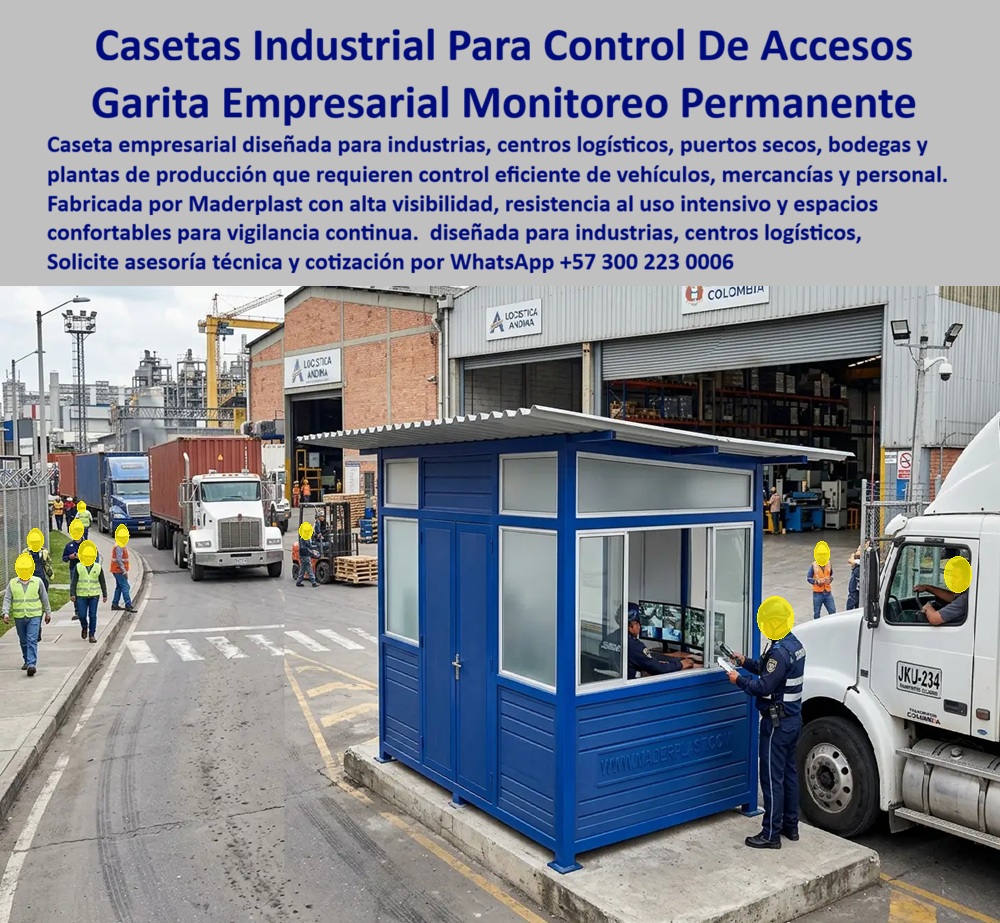 Caseta Vigilancia Empresarial, Garita Portería Zona Industrial Maderplast - Caseta industrial modular color azul rey con techo plano acanalado de voladizo frontal, franja translúcida superior para iluminación natural, ventana corrediza lateral con marco plateado y puerta con cerradura de seguridad, Maderplast instalada sobre plataforma de concreto elevada en vía de acceso principal de centro logístico con camiones de carga pesada, montacargas, contenedores y personal operativo activo al fondo: esta es la oficina modular de control de accesos que centros logísticos, puertos secos, plantas de producción, bodegas industriales y parques empresariales necesitan para gestionar con eficiencia, seguridad y trazabilidad documentada el flujo continuo de vehículos pesados, mercancías, contratistas y personal en operación de tres turnos. En un centro logístico de alta rotación, el puesto de control de acceso es simultáneamente el punto neurálgico de la cadena de custodia, el primer filtro de seguridad HSE y el registro documental que respalda cada movimiento de carga ante auditorías, aseguradoras y entes reguladores. Una garita empresarial de monitoreo permanente que no garantice visibilidad de 180 grados hacia la vía de acceso, confort térmico para turnos nocturnos y resistencia estructural ante el tráfico continuo de vehículos de más de 40 toneladas, no es una solución: es un riesgo operativo documentado. La franja translúcida superior de la caseta industrial Maderplast resuelve la visibilidad natural diurna sin costo energético, mientras la ventana corrediza lateral permite el intercambio de documentos con conductores de camión sin que el operador abandone su posición de control, un detalle técnico que marca la diferencia en operaciones logísticas de alta frecuencia. El plástico técnico de alta densidad azul rey resiste sin degradación los impactos de maniobras con camiones y montacargas en espacios reducidos, la contaminación por diesel y químicos industriales, los rayos UV en patios a cielo abierto, la humedad permanente de zonas de cargue y descargue, y el uso continuo intensivo en operaciones 24/7 durante más de 20 años sin repintado, sin oxidación, sin sellados periódicos y sin reposición estructural. Cada caseta lleva la URL www.maderplast.com en fachada porque Maderplast no teme comparaciones: sus fichas técnicas, pruebas de laboratorio certificadas y videos de resistencia extrema disponibles en youtube.com/@maderplasSA convierten cada cotización en una decisión técnica respaldada, no en una apuesta por precio. El argumento financiero es directo y verificable: una garita metálica convencional en entorno logístico acumula oxidación por contaminantes diesel, impactos de maniobra, repintados semestrales y reposición completa antes de los cinco años de operación. El costo total de propiedad (TCO) de una caseta Maderplast instalada en el mismo escenario es entre tres y cinco veces menor al calcular el horizonte de 20 años. Los competidores, incluso ofreciendo precio inicial inferior, resultan económicamente inviables cuando se incluyen los costos reales de mantenimiento, imagen deteriorada y sanciones por incumplimiento HSE en la ecuación completa. La oficina modular para control de accesos, la garita industrial prefabricada de alta seguridad, el puesto de vigilancia industrial para centros logísticos y puertos secos, y el shelter empresarial de monitoreo permanente se fabrican sobre plano, a la medida exacta, en colores corporativos, con fichas técnicas descargables, planos acotados, renders realistas y cotización directa de fábrica sin intermediarios. Maderplast diseña, fabrica, instala y garantiza llave en mano desde la conceptualización hasta la entrega funcionando. Asesoría Especializada con un Especialista de Maderplast, Atención Personalizada en este WhatsApp +57 300 22 300 06. Oficina Modular Para Control De Accesos, Garita Industrial Con Baño Integrado Profesional, Puesto Vigilancia Industrial Prefabricada Alta Seguridad Instalada A Caseta Vigilancia Empresarial Garita Portería Zona Industrial Maderplast Oficina Modular Para Control De Accesos Garita Industrial Con Baño Integrado Profesional Puesto Vigilancia Industrial Prefabricada Alta Seguridad Instalada A Caseta industrial modular color azul rey con techo plano acanalado de voladizo frontal, franja translúcida superior para iluminación natural, ventana corrediza lateral con marco plateado y puerta con cerradura de seguridad, Maderplast instalada sobre plataforma de concreto elevada en vía de acceso principal de centro logístico con camiones de carga pesada, montacargas, contenedores y personal operativo activo al fondo: esta es la oficina modular de control de accesos que centros logísticos, puertos secos, plantas de producción, bodegas industriales y parques empresariales necesitan para gestionar con eficiencia, seguridad y trazabilidad documentada el flujo continuo de vehículos pesados, mercancías, contratistas y personal en operación de tres turnos. En un centro logístico de alta rotación, el puesto de control de acceso es simultáneamente el punto neurálgico de la cadena de custodia, el primer filtro de seguridad HSE y el registro documental que respalda cada movimiento de carga ante auditorías, aseguradoras y entes reguladores. Una garita empresarial de monitoreo permanente que no garantice visibilidad de 180 grados hacia la vía de acceso, confort térmico para turnos nocturnos y resistencia estructural ante el tráfico continuo de vehículos de más de 40 toneladas, no es una solución: es un riesgo operativo documentado. La franja translúcida superior de la caseta industrial Maderplast resuelve la visibilidad natural diurna sin costo energético, mientras la ventana corrediza lateral permite el intercambio de documentos con conductores de camión sin que el operador abandone su posición de control, un detalle técnico que marca la diferencia en operaciones logísticas de alta frecuencia. El plástico técnico de alta densidad azul rey resiste sin degradación los impactos de maniobras con camiones y montacargas en espacios reducidos, la contaminación por diesel y químicos industriales, los rayos UV en patios a cielo abierto, la humedad permanente de zonas de cargue y descargue, y el uso continuo intensivo en operaciones 24/7 durante más de 20 años sin repintado, sin oxidación, sin sellados periódicos y sin reposición estructural. Cada caseta lleva la URL www.maderplast.com en fachada porque Maderplast no teme comparaciones: sus fichas técnicas, pruebas de laboratorio certificadas y videos de resistencia extrema disponibles en youtube.com/@maderplasSA convierten cada cotización en una decisión técnica respaldada, no en una apuesta por precio. El argumento financiero es directo y verificable: una garita metálica convencional en entorno logístico acumula oxidación por contaminantes diesel, impactos de maniobra, repintados semestrales y reposición completa antes de los cinco años de operación. El costo total de propiedad (TCO) de una caseta Maderplast instalada en el mismo escenario es entre tres y cinco veces menor al calcular el horizonte de 20 años. Los competidores, incluso ofreciendo precio inicial inferior, resultan económicamente inviables cuando se incluyen los costos reales de mantenimiento, imagen deteriorada y sanciones por incumplimiento HSE en la ecuación completa. La oficina modular para control de accesos, la garita industrial prefabricada de alta seguridad, el puesto de vigilancia industrial para centros logísticos y puertos secos, y el shelter empresarial de monitoreo permanente se fabrican sobre plano, a la medida exacta, en colores corporativos, con fichas técnicas descargables, planos acotados, renders realistas y cotización directa de fábrica sin intermediarios. Maderplast diseña, fabrica, instala y garantiza llave en mano desde la conceptualización hasta la entrega funcionando. Asesoría Especializada con un Especialista de Maderplast, Atención Personalizada en este WhatsApp +57 300 22 300 06.