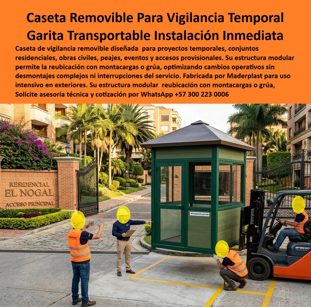 Caseta Vigilancia Removible Transportable Fácil Instalación Maderplast - Caseta de vigilancia modular cuadrada color verde oscuro con techo a cuatro aguas tipo pagoda en grafito Maderplast, ventanas panorámicas con marcos verde oscuro en todos los lados y puerta de vidrio doble hoja, siendo posicionada con precisión por montacargas eléctrico sobre pavimento demarcado en el acceso principal del conjunto residencial El Nogal, con técnicos especializados Maderplast supervisando cada detalle de la instalación: esta imagen resume exactamente la ventaja competitiva que ningún otro fabricante puede ofrecer, movilidad operativa total sin interrumpir el servicio, sin obra civil, sin permisos de construcción y sin tiempos muertos. La caseta removible de portería y la garita portátil para accesos temporales fabricadas por Maderplast resuelven el problema que más dinero cuesta en obras civiles, conjuntos residenciales en construcción, peajes provisionales, eventos masivos y campamentos industriales: la necesidad de un puesto de control de acceso inmediato, profesional y reubicable que llegue funcionando, se instale en horas y pueda trasladarse completo cuando el proyecto avance o las necesidades operativas cambien. Con un montacargas o grúa estándar, la garita móvil reubicable en plástico durable Maderplast se levanta, traslada y reinstala sin demolición, sin residuos de construcción y sin ningún costo adicional de adecuación del nuevo sitio. El plástico técnico de alta densidad con el que Maderplast fabrica estas casetas removibles transportables es la única respuesta técnicamente correcta para una estructura que será movilizada, reubicada y reutilizada en múltiples proyectos: no se agrieta con los movimientos de traslado, no pierde geometría estructural durante el izaje con montacargas, no requiere repintado ni sellados después de cada reubicación, resiste impactos, rayos UV, lluvia intensa y uso continuo durante más de 20 años sin mantenimiento. Las pruebas de resistencia extrema ante mazo, retroexcavadora y rotomartillo disponibles en youtube.com/@maderplasSA respaldan técnicamente cada afirmación para el ingeniero o gerente de compras que necesita certeza antes de aprobar la inversión. El análisis financiero es inapelable: una garita temporal convencional en metal o madera requiere obra civil para anclarla, genera costos de demolición para retirarla y se deteriora en cada traslado acumulando reparaciones que anulan cualquier ahorro inicial. La garita portátil Maderplast es un activo de infraestructura reutilizable que conserva su valor, funcionalidad y presentación profesional en cada nuevo destino, con costo total de propiedad (TCO) muy inferior al de cualquier alternativa del mercado. Los demás productos, incluso entregados sin costo, resultan más caros al calcular honestamente demolición, reposición, mantenimiento y pérdida de imagen operativa. La garita de vigilancia con movilidad operativa, el shelter modular transportable para accesos provisionales, la caseta prefabricada reubicable para eventos y obras y el puesto de control portátil para conjuntos residenciales se fabrican sobre plano, a la medida exacta, en colores institucionales, con fichas técnicas, renders y cotización directa de fábrica sin intermediarios. Maderplast diseña, fabrica, instala y garantiza llave en mano. Asesoría Especializada con un Especialista de Maderplast, Atención Personalizada en este WhatsApp +57 300 22 300 06. Garita De Vigilancia Con Movilidad Operativa, caseta removible portería, Garita Portátil Accesos Temporales, Garita Móvil Montacargas Reubicable Plástico Durable Caseta Vigilancia Removible Transportable Fácil Instalación Maderplast Garita De Vigilancia Con Movilidad Operativa caseta removible portería Garita Portátil Accesos Temporales Garita Móvil Montacargas Reubicable Plástico Durable Caseta de vigilancia modular cuadrada color verde oscuro con techo a cuatro aguas tipo pagoda en grafito Maderplast, ventanas panorámicas con marcos verde oscuro en todos los lados y puerta de vidrio doble hoja, siendo posicionada con precisión por montacargas eléctrico sobre pavimento demarcado en el acceso principal del conjunto residencial El Nogal, con técnicos especializados Maderplast supervisando cada detalle de la instalación: esta imagen resume exactamente la ventaja competitiva que ningún otro fabricante puede ofrecer, movilidad operativa total sin interrumpir el servicio, sin obra civil, sin permisos de construcción y sin tiempos muertos. La caseta removible de portería y la garita portátil para accesos temporales fabricadas por Maderplast resuelven el problema que más dinero cuesta en obras civiles, conjuntos residenciales en construcción, peajes provisionales, eventos masivos y campamentos industriales: la necesidad de un puesto de control de acceso inmediato, profesional y reubicable que llegue funcionando, se instale en horas y pueda trasladarse completo cuando el proyecto avance o las necesidades operativas cambien. Con un montacargas o grúa estándar, la garita móvil reubicable en plástico durable Maderplast se levanta, traslada y reinstala sin demolición, sin residuos de construcción y sin ningún costo adicional de adecuación del nuevo sitio. El plástico técnico de alta densidad con el que Maderplast fabrica estas casetas removibles transportables es la única respuesta técnicamente correcta para una estructura que será movilizada, reubicada y reutilizada en múltiples proyectos: no se agrieta con los movimientos de traslado, no pierde geometría estructural durante el izaje con montacargas, no requiere repintado ni sellados después de cada reubicación, resiste impactos, rayos UV, lluvia intensa y uso continuo durante más de 20 años sin mantenimiento. Las pruebas de resistencia extrema ante mazo, retroexcavadora y rotomartillo disponibles en youtube.com/@maderplasSA respaldan técnicamente cada afirmación para el ingeniero o gerente de compras que necesita certeza antes de aprobar la inversión. El análisis financiero es inapelable: una garita temporal convencional en metal o madera requiere obra civil para anclarla, genera costos de demolición para retirarla y se deteriora en cada traslado acumulando reparaciones que anulan cualquier ahorro inicial. La garita portátil Maderplast es un activo de infraestructura reutilizable que conserva su valor, funcionalidad y presentación profesional en cada nuevo destino, con costo total de propiedad (TCO) muy inferior al de cualquier alternativa del mercado. Los demás productos, incluso entregados sin costo, resultan más caros al calcular honestamente demolición, reposición, mantenimiento y pérdida de imagen operativa. La garita de vigilancia con movilidad operativa, el shelter modular transportable para accesos provisionales, la caseta prefabricada reubicable para eventos y obras y el puesto de control portátil para conjuntos residenciales se fabrican sobre plano, a la medida exacta, en colores institucionales, con fichas técnicas, renders y cotización directa de fábrica sin intermediarios. Maderplast diseña, fabrica, instala y garantiza llave en mano. Asesoría Especializada con un Especialista de Maderplast, Atención Personalizada en este WhatsApp +57 300 22 300 06.