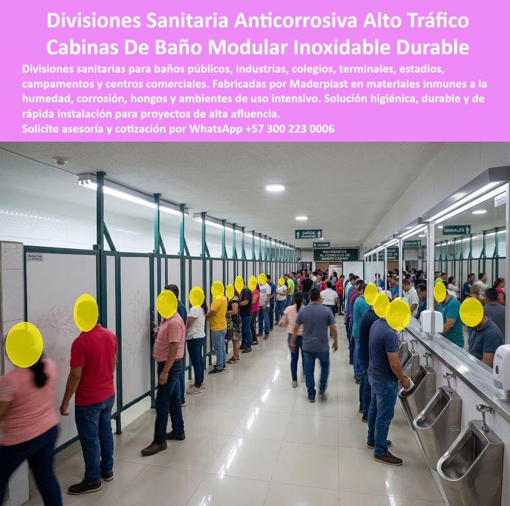 Divisiones Baño Público Anticorrosivas Paneles Duchas Maderplast - Divisiones sanitarias modulares Maderplast en paneles blancos de alto impacto con estructura de perfiles verdes, instaladas en baño público masivo con colas activas de usuarios, señalización institucional, lavamanos colectivo en acero inoxidable y piso cerámico blanco: esta imagen documenta en condiciones reales de uso lo que ningún catálogo de divisiones sanitarias convencionales puede mostrar, un sistema de cabinas de baño modular funcionando bajo la presión de tráfico masivo continuo sin deterioro visible, sin deformaciones en paneles, sin corrosión en perfiles y sin intervenciones de mantenimiento que interrumpan la operación del baño. En baños públicos de alta afluencia como terminales de transporte, estadios, casinos, centros comerciales, colegios, plantas industriales y campamentos de obra con cientos de usuarios diarios, el material de las divisiones sanitarias no es un detalle secundario: es la variable que determina si el baño opera con dignidad durante 20 años o genera quejas, sanciones sanitarias y reposiciones costosas antes de los tres años de instalación. Los paneles de aglomerado o MDF se hinchan y se deshacen con la humedad permanente de un baño de alto tráfico antes de los 18 meses. Las divisiones metálicas se oxidan en las juntas inferiores donde el agua se acumula, generan manchas marrones imposibles de eliminar y requieren pintado anticorrosivo semestral que nunca luce igual al acabado original. Las divisiones en polipropileno convencional de bajo espesor se deforman con el calor y se agrietan con los impactos diarios de un uso masivo. Ninguna de estas opciones resiste lo que muestra esta imagen: colas de decenas de usuarios simultáneos en operación continua. El plástico técnico de alta densidad Maderplast utilizado en estas divisiones sanitarias anticorrosivas para baños públicos es impermeable por composición molecular, no por recubrimiento superficial: no absorbe una sola molécula de humedad aunque permanezca mojado las 24 horas, no genera hongos ni bacterias en superficie aunque no sea limpiado con la frecuencia ideal, no se oxida en ninguna de sus uniones aunque los perfiles estén en contacto permanente con agua jabonosa y desinfectantes agresivos, y no pierde su color blanco ni su geometría plana aunque reciba impactos diarios de usuarios y equipos de limpieza durante más de 20 años de operación ininterrumpida. Los paneles con etiqueta Maderplast visible en instalación real son la prueba de campo que ningún competidor puede presentar en condiciones equivalentes de tráfico masivo. La instalación modular del sistema permite montar la batería completa de cabinas en pocas horas sin obra civil húmeda, sin tiempo de curado y sin interrumpir la operación del resto del baño, con posibilidad de ampliar, reducir o reconfigurar el número de cabinas según las necesidades del proyecto sin demolición. Los perfiles estructurales verdes se anclan al piso y techo con sistemas de fijación mecánica seca que garantizan rigidez estructural ante usuarios que se apoyan, empujan y golpean las divisiones en condiciones de afluencia masiva, sin que ningún panel ceda ni ninguna unión se afloje con el tiempo. Las divisiones sanitarias anticorrosivas para baños de alto tráfico, los paneles modulares inoxidables para duchas colectivas, las cabinas de baño prefabricadas listas para instalar rápido y los separadores sanitarios portátiles para campamentos y eventos se fabrican sobre pedido, a la medida exacta del proyecto, en configuraciones simples o baterías completas, con fichas técnicas descargables y cotización directa de fábrica. Asesoría Especializada con un Especialista de Maderplast, Atención Personalizada en este WhatsApp +57 300 22 300 06. Duchas Móviles Con Paneles De Polipropileno Inoxidable Contra Humedad, Duchas Divisiones Portatiles Modulares Listas Para Instalar Rapido, Divisiones Baño Público Inox Divisiones Baño Público Anticorrosivas Paneles Duchas Maderplast Duchas Móviles Con Paneles De Polipropileno Inoxidable Contra Humedad Duchas Divisiones Portatiles Modulares Listas Para Instalar Rapido Divisiones Baño Público Inox Divisiones sanitarias modulares Maderplast en paneles blancos de alto impacto con estructura de perfiles verdes, instaladas en baño público masivo con colas activas de usuarios, señalización institucional, lavamanos colectivo en acero inoxidable y piso cerámico blanco: esta imagen documenta en condiciones reales de uso lo que ningún catálogo de divisiones sanitarias convencionales puede mostrar, un sistema de cabinas de baño modular funcionando bajo la presión de tráfico masivo continuo sin deterioro visible, sin deformaciones en paneles, sin corrosión en perfiles y sin intervenciones de mantenimiento que interrumpan la operación del baño. En baños públicos de alta afluencia como terminales de transporte, estadios, casinos, centros comerciales, colegios, plantas industriales y campamentos de obra con cientos de usuarios diarios, el material de las divisiones sanitarias no es un detalle secundario: es la variable que determina si el baño opera con dignidad durante 20 años o genera quejas, sanciones sanitarias y reposiciones costosas antes de los tres años de instalación. Los paneles de aglomerado o MDF se hinchan y se deshacen con la humedad permanente de un baño de alto tráfico antes de los 18 meses. Las divisiones metálicas se oxidan en las juntas inferiores donde el agua se acumula, generan manchas marrones imposibles de eliminar y requieren pintado anticorrosivo semestral que nunca luce igual al acabado original. Las divisiones en polipropileno convencional de bajo espesor se deforman con el calor y se agrietan con los impactos diarios de un uso masivo. Ninguna de estas opciones resiste lo que muestra esta imagen: colas de decenas de usuarios simultáneos en operación continua. El plástico técnico de alta densidad Maderplast utilizado en estas divisiones sanitarias anticorrosivas para baños públicos es impermeable por composición molecular, no por recubrimiento superficial: no absorbe una sola molécula de humedad aunque permanezca mojado las 24 horas, no genera hongos ni bacterias en superficie aunque no sea limpiado con la frecuencia ideal, no se oxida en ninguna de sus uniones aunque los perfiles estén en contacto permanente con agua jabonosa y desinfectantes agresivos, y no pierde su color blanco ni su geometría plana aunque reciba impactos diarios de usuarios y equipos de limpieza durante más de 20 años de operación ininterrumpida. Los paneles con etiqueta Maderplast visible en instalación real son la prueba de campo que ningún competidor puede presentar en condiciones equivalentes de tráfico masivo. La instalación modular del sistema permite montar la batería completa de cabinas en pocas horas sin obra civil húmeda, sin tiempo de curado y sin interrumpir la operación del resto del baño, con posibilidad de ampliar, reducir o reconfigurar el número de cabinas según las necesidades del proyecto sin demolición. Los perfiles estructurales verdes se anclan al piso y techo con sistemas de fijación mecánica seca que garantizan rigidez estructural ante usuarios que se apoyan, empujan y golpean las divisiones en condiciones de afluencia masiva, sin que ningún panel ceda ni ninguna unión se afloje con el tiempo. Las divisiones sanitarias anticorrosivas para baños de alto tráfico, los paneles modulares inoxidables para duchas colectivas, las cabinas de baño prefabricadas listas para instalar rápido y los separadores sanitarios portátiles para campamentos y eventos se fabrican sobre pedido, a la medida exacta del proyecto, en configuraciones simples o baterías completas, con fichas técnicas descargables y cotización directa de fábrica. Asesoría Especializada con un Especialista de Maderplast, Atención Personalizada en este WhatsApp +57 300 22 300 06.