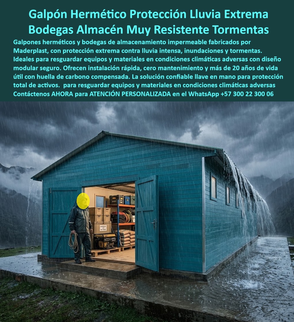 Galpón Hermético Protección Lluvia Extrema Bodega Impermeable Maderplast - Galpón modular de gran formato color verde teal con paneles horizontales estructurales, techo a dos aguas de alta pendiente, puerta doble tipo granero y ventanas laterales, con interior completamente seco mostrando estanterías metálicas con equipos, cajas, sacos y materiales perfectamente resguardados, Maderplast operando bajo lluvia torrencial intensa con acumulación de agua en suelo y cielo tormentoso en zona de campo abierto montañoso: esta imagen no es una simulación publicitaria, es la prueba de campo definitiva de lo que significa una bodega de almacenamiento impermeable real fabricada con el material correcto para las condiciones climáticas más extremas de Colombia y Latinoamérica. En zonas rurales, campamentos de obra remota, campos petroleros, explotaciones mineras, fincas productivas y proyectos de infraestructura en zonas de alta pluviosidad andina, amazónica o costera, el problema más costoso no es la lluvia: es perder equipos, materiales, insumos y activos críticos porque la bodega de almacenamiento falló ante una tormenta que nadie anticipó con la intensidad que llegó. Una bodega metálica convencional filtra por las juntas de lámina cuando la lluvia es lateral y persistente, se oxida desde adentro por la condensación que genera el cambio térmico brusco entre el exterior lluvioso y el interior, y sus puertas se deforman con la humedad acumulada hasta que no cierran herméticamente. Una bodega en madera o materiales aglomerados absorbe humedad por capilaridad desde la primera tormenta, hincha sus paneles, pierde la impermeabilidad de juntas y entrega los materiales almacenados a la humedad en menos de un año de operación en clima tropical. El costo de reposición de los activos dañados en una sola tormenta supera ampliamente el valor de un galpón prefabricado impermeable Maderplast correctamente especificado desde el inicio. El plástico técnico de alta densidad con el que Maderplast fabrica estos galpones herméticos no es impermeable por recubrimiento ni por sellador aplicado en juntas que se degrada con el tiempo: es impermeable por la naturaleza química del material base, que no absorbe agua bajo ninguna condición de presión, temperatura o exposición prolongada. Los paneles horizontales estructurales no tienen juntas abiertas ni puntos de filtración porque el sistema de ensamble modular Maderplast incorpora geometría de traslape que desvía el agua hacia afuera por gravedad, exactamente como lo demuestran las cascadas visibles cayendo por la fachada exterior mientras el interior permanece completamente seco con todos los materiales intactos. El techo a dos aguas de alta pendiente evacua el volumen de agua de tormentas tropicales intensas sin acumulación, sin goteras y sin deformación estructural bajo el peso del agua acumulada que colapsa los techos planos convencionales. La plataforma elevada de concreto sobre la que se instala el galpón garantiza que incluso en eventos de inundación del terreno circundante, el nivel de piso interior permanece por encima del nivel de agua exterior, protegiendo los activos almacenados del daño más común y más costoso en zonas de alta pluviosidad. La instalación modular sobre plataforma no requiere obra civil compleja ni tiempo de curado prolongado, permitiendo tener la bodega operativa en días desde la llegada de los módulos a obra, una ventaja crítica en proyectos con cronogramas ajustados donde cada día sin bodega es un día de activos expuestos a la intemperie. El box almacén impermeable prefabricado resistente a tormentas, el shelter de almacenamiento seguro resistente a inundaciones, la bodega galpón impermeable prefabricada para campamentos y el módulo de almacenamiento hermético para zonas remotas se fabrican sobre plano, a la medida exacta requerida, con fichas técnicas, renders realistas y cotización directa de fábrica. Asesoría Especializada con un Especialista de Maderplast, Atención Personalizada en este WhatsApp +57 300 22 300 06. Box Almacén Impermeable Prefabricado Resistente Tormenta, Shelter De Almacenamiento Seguro Resistente A Inundaciones, Bodega Galpon Impermeable Agua Prefabricada Galpón Hermético Protección Lluvia Extrema Bodega Impermeable Maderplast Box Almacén Impermeable Prefabricado Resistente Tormenta Shelter De Almacenamiento Seguro Resistente A Inundaciones Bodega Galpon Impermeable Agua Prefabricada Galpón modular de gran formato color verde teal con paneles horizontales estructurales, techo a dos aguas de alta pendiente, puerta doble tipo granero y ventanas laterales, con interior completamente seco mostrando estanterías metálicas con equipos, cajas, sacos y materiales perfectamente resguardados, Maderplast operando bajo lluvia torrencial intensa con acumulación de agua en suelo y cielo tormentoso en zona de campo abierto montañoso: esta imagen no es una simulación publicitaria, es la prueba de campo definitiva de lo que significa una bodega de almacenamiento impermeable real fabricada con el material correcto para las condiciones climáticas más extremas de Colombia y Latinoamérica. En zonas rurales, campamentos de obra remota, campos petroleros, explotaciones mineras, fincas productivas y proyectos de infraestructura en zonas de alta pluviosidad andina, amazónica o costera, el problema más costoso no es la lluvia: es perder equipos, materiales, insumos y activos críticos porque la bodega de almacenamiento falló ante una tormenta que nadie anticipó con la intensidad que llegó. Una bodega metálica convencional filtra por las juntas de lámina cuando la lluvia es lateral y persistente, se oxida desde adentro por la condensación que genera el cambio térmico brusco entre el exterior lluvioso y el interior, y sus puertas se deforman con la humedad acumulada hasta que no cierran herméticamente. Una bodega en madera o materiales aglomerados absorbe humedad por capilaridad desde la primera tormenta, hincha sus paneles, pierde la impermeabilidad de juntas y entrega los materiales almacenados a la humedad en menos de un año de operación en clima tropical. El costo de reposición de los activos dañados en una sola tormenta supera ampliamente el valor de un galpón prefabricado impermeable Maderplast correctamente especificado desde el inicio. El plástico técnico de alta densidad con el que Maderplast fabrica estos galpones herméticos no es impermeable por recubrimiento ni por sellador aplicado en juntas que se degrada con el tiempo: es impermeable por la naturaleza química del material base, que no absorbe agua bajo ninguna condición de presión, temperatura o exposición prolongada. Los paneles horizontales estructurales no tienen juntas abiertas ni puntos de filtración porque el sistema de ensamble modular Maderplast incorpora geometría de traslape que desvía el agua hacia afuera por gravedad, exactamente como lo demuestran las cascadas visibles cayendo por la fachada exterior mientras el interior permanece completamente seco con todos los materiales intactos. El techo a dos aguas de alta pendiente evacua el volumen de agua de tormentas tropicales intensas sin acumulación, sin goteras y sin deformación estructural bajo el peso del agua acumulada que colapsa los techos planos convencionales. La plataforma elevada de concreto sobre la que se instala el galpón garantiza que incluso en eventos de inundación del terreno circundante, el nivel de piso interior permanece por encima del nivel de agua exterior, protegiendo los activos almacenados del daño más común y más costoso en zonas de alta pluviosidad. La instalación modular sobre plataforma no requiere obra civil compleja ni tiempo de curado prolongado, permitiendo tener la bodega operativa en días desde la llegada de los módulos a obra, una ventaja crítica en proyectos con cronogramas ajustados donde cada día sin bodega es un día de activos expuestos a la intemperie. El box almacén impermeable prefabricado resistente a tormentas, el shelter de almacenamiento seguro resistente a inundaciones, la bodega galpón impermeable prefabricada para campamentos y el módulo de almacenamiento hermético para zonas remotas se fabrican sobre plano, a la medida exacta requerida, con fichas técnicas, renders realistas y cotización directa de fábrica. Asesoría Especializada con un Especialista de Maderplast, Atención Personalizada en este WhatsApp +57 300 22 300 06.