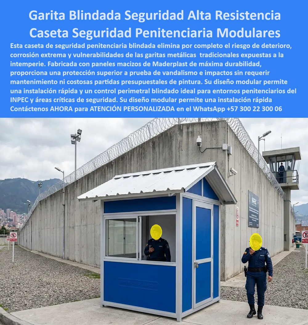 Garita Blindada De Seguridad Garitas Cárceles INPEC Maderplast - Caseta de seguridad penitenciaria modular con paneles macizos en azul institucional y marcos grises reforzados, techo acanalado blanco tipo zinc a dos aguas, ventana corrediza lateral con marco plateado y puerta con cerradura de alta seguridad, Maderplast instalada sobre gravilla compactada frente a muro perimetral de concreto con concertina en cima, cámaras de vigilancia activas y torre de control INPEC al fondo: esta es la garita blindada de seguridad penitenciaria que elimina de raíz las vulnerabilidades estructurales, los costos de corrosión y el deterioro acelerado que convierten las garitas metálicas tradicionales en un problema presupuestal recurrente para las instituciones penitenciarias colombianas. En un establecimiento penitenciario del INPEC, cada elemento de la infraestructura de seguridad perimetral debe cumplir simultáneamente tres exigencias no negociables: resistencia estructural ante intentos de forzamiento y vandalismo extremo, durabilidad real en condiciones climáticas adversas sin mantenimiento costoso, y confiabilidad operativa 24 horas los 365 días del año sin interrupciones por deterioro material. Las garitas metálicas convencionales fallan en las tres: se oxidan en menos de dos años en zonas de lluvia andina, requieren repintado semestral con presupuesto institucional limitado, se deforman ante impactos y generan vulnerabilidades de seguridad perimetral que ningún director de establecimiento puede permitirse documentar en un informe de incidentes. Maderplast resuelve los tres problemas con una sola solución técnica permanente. Los paneles macizos de plástico técnico de alta densidad que conforman esta caseta de vigilancia INPEC modular de alta durabilidad no son láminas delgadas: son secciones macizas de polímero estructural que resisten impactos de alta energía sin deformarse, sin agrietarse y sin generar bordes cortantes que representen riesgo para el personal de custodia. No se oxidan, no se corroen, no absorben humedad, no son atacados por insectos ni microorganismos, mantienen su color azul institucional integral durante más de 20 años sin una sola intervención de mantenimiento, y soportan los rayos UV de zonas de alta radiación solar sin amarillamiento ni degradación superficial. Las pruebas de resistencia extrema ante mazo de construcción, retroexcavadora y rotomartillo verificables en youtube.com/@maderplasSA son el respaldo técnico que el Jefe de Infraestructura, el Supervisor de Mantenimiento o el Funcionario de Contratación del INPEC necesita para justificar la especificación de Maderplast en los pliegos de licitación y eliminar el riesgo de impugnación por falta de respaldo técnico. El análisis presupuestal es definitivo para entidades públicas con recursos limitados: una garita metálica instalada en perímetro penitenciario requiere repintado anticorrosivo semestral, soldadura de refuerzos por impactos anuales y reposición completa antes de los cinco años en zonas de lluvia intensa. El costo acumulado en ese período supera en dos o tres veces el valor de instalación de una caseta de seguridad perimetral Maderplast que opera sin ningún costo de mantenimiento durante más de dos décadas, convirtiendo cada peso del presupuesto institucional en infraestructura duradera en lugar de gasto recurrente. La garita blindada para cárceles INPEC, la caseta de seguridad perimetral prefabricada de instalación rápida, el shelter modular para control perimetral penitenciario y el puesto de vigilancia exterior de máxima seguridad se fabrican sobre plano, a la medida exacta, en colores institucionales certificados, con fichas técnicas descargables, planos acotados, renders de instalación y cotización directa de fábrica para procesos de contratación pública. Asesoría Especializada con un Especialista de Maderplast, Atención Personalizada en este WhatsApp +57 300 22 300 06. Caseta Seguridad Penitenciaria Blindada Instalada Rápido Larga Vida, Caseta Vigilancia INPEC Modular Alta Durabilidad Seguridad Máxima, Garita De Seguridad Perimetral PP Garita Blindada De Seguridad Garitas Cárceles INPEC Maderplast Caseta Seguridad Penitenciaria Blindada Instalada Rápido Larga Vida Caseta Vigilancia INPEC Modular Alta Durabilidad Seguridad Máxima Garita De Seguridad Perimetral PP Caseta de seguridad penitenciaria modular con paneles macizos en azul institucional y marcos grises reforzados, techo acanalado blanco tipo zinc a dos aguas, ventana corrediza lateral con marco plateado y puerta con cerradura de alta seguridad, Maderplast instalada sobre gravilla compactada frente a muro perimetral de concreto con concertina en cima, cámaras de vigilancia activas y torre de control INPEC al fondo: esta es la garita blindada de seguridad penitenciaria que elimina de raíz las vulnerabilidades estructurales, los costos de corrosión y el deterioro acelerado que convierten las garitas metálicas tradicionales en un problema presupuestal recurrente para las instituciones penitenciarias colombianas. En un establecimiento penitenciario del INPEC, cada elemento de la infraestructura de seguridad perimetral debe cumplir simultáneamente tres exigencias no negociables: resistencia estructural ante intentos de forzamiento y vandalismo extremo, durabilidad real en condiciones climáticas adversas sin mantenimiento costoso, y confiabilidad operativa 24 horas los 365 días del año sin interrupciones por deterioro material. Las garitas metálicas convencionales fallan en las tres: se oxidan en menos de dos años en zonas de lluvia andina, requieren repintado semestral con presupuesto institucional limitado, se deforman ante impactos y generan vulnerabilidades de seguridad perimetral que ningún director de establecimiento puede permitirse documentar en un informe de incidentes. Maderplast resuelve los tres problemas con una sola solución técnica permanente. Los paneles macizos de plástico técnico de alta densidad que conforman esta caseta de vigilancia INPEC modular de alta durabilidad no son láminas delgadas: son secciones macizas de polímero estructural que resisten impactos de alta energía sin deformarse, sin agrietarse y sin generar bordes cortantes que representen riesgo para el personal de custodia. No se oxidan, no se corroen, no absorben humedad, no son atacados por insectos ni microorganismos, mantienen su color azul institucional integral durante más de 20 años sin una sola intervención de mantenimiento, y soportan los rayos UV de zonas de alta radiación solar sin amarillamiento ni degradación superficial. Las pruebas de resistencia extrema ante mazo de construcción, retroexcavadora y rotomartillo verificables en youtube.com/@maderplasSA son el respaldo técnico que el Jefe de Infraestructura, el Supervisor de Mantenimiento o el Funcionario de Contratación del INPEC necesita para justificar la especificación de Maderplast en los pliegos de licitación y eliminar el riesgo de impugnación por falta de respaldo técnico. El análisis presupuestal es definitivo para entidades públicas con recursos limitados: una garita metálica instalada en perímetro penitenciario requiere repintado anticorrosivo semestral, soldadura de refuerzos por impactos anuales y reposición completa antes de los cinco años en zonas de lluvia intensa. El costo acumulado en ese período supera en dos o tres veces el valor de instalación de una caseta de seguridad perimetral Maderplast que opera sin ningún costo de mantenimiento durante más de dos décadas, convirtiendo cada peso del presupuesto institucional en infraestructura duradera en lugar de gasto recurrente. La garita blindada para cárceles INPEC, la caseta de seguridad perimetral prefabricada de instalación rápida, el shelter modular para control perimetral penitenciario y el puesto de vigilancia exterior de máxima seguridad se fabrican sobre plano, a la medida exacta, en colores institucionales certificados, con fichas técnicas descargables, planos acotados, renders de instalación y cotización directa de fábrica para procesos de contratación pública. Asesoría Especializada con un Especialista de Maderplast, Atención Personalizada en este WhatsApp +57 300 22 300 06.