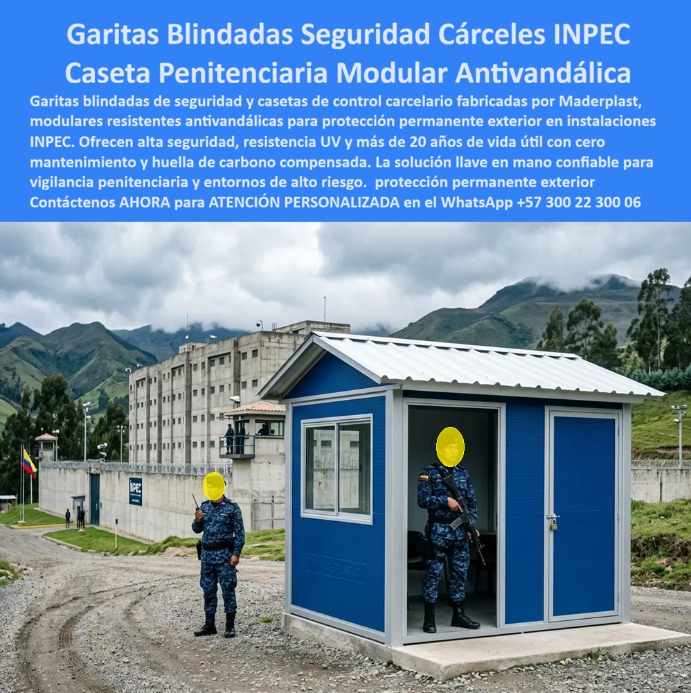 Garita Blindada De Seguridad Garitas Cárceles INPEC Maderplast - Una garita blindada de seguridad penitenciaria fabricada en plástico técnico de alta densidad color azul institucional, Maderplast con techo acanalado blanco, ventana con marco gris reforzado, puerta con cerradura de seguridad y base sobre plataforma de concreto en perímetro exterior de centro carcelario INPEC zona andina colombiana: esa es la imagen que define exactamente lo que Maderplast diseña, fabrica e instala llave en mano para instituciones, obras y entornos de alto riesgo que exigen cero tolerancia al fallo y cero costos ocultos de mantenimiento. Cuando un Jefe de Infraestructura, un Coordinador de Seguridad Física o un Director Regional de Obras necesita una garita modular blindada para vigilancia perimetral exterior, lo que realmente está buscando no es solo una caseta: está buscando tranquilidad, respaldo técnico y una solución que no lo exponga a reclamos, multas ni reemplazos prematuros. Maderplast lo entiende y lo resuelve desde el anteproyecto hasta la puesta en marcha. Las garitas blindadas antivandálicas, las casetas de control carcelario prefabricadas, los shelters removibles para campamentos de obra, los kioscos modulares para control de acceso institucional y las construcciones modulares para instalaciones de alta seguridad fabricadas por Maderplast están concebidas para resistir exactamente lo que los materiales tradicionales no soportan: humedad extrema de zonas andinas y costeras, rayos UV de alta intensidad, impactos vandálicos, salinidad marina, uso continuo intensivo y temperaturas variables sin deformarse, oxidarse ni requerir repintado jamás. El material base es un polímero técnico de alta densidad, reciclado, con color integral que no se pela ni desvanece, inmune a insectos, gorgojos y microorganismos, con resistencia certificada a impactos por mazo, rotomartillo y retroexcavadora, como lo demuestran las pruebas de laboratorio disponibles en youtube.com/@maderplasSA. La huella de carbono de estos productos es inferior a 1 (0.77 CO 2 eq), lo que los posiciona como la construcción modular más ecológica disponible en el mercado colombiano, compatible con proyectos que buscan certificación LEED o EDGE. La vida útil garantizada supera los 20 años sin mantenimientos de pintura, sellados, tratamientos anticorrosivos ni reposiciones de piezas, convirtiendo cada garita penitenciaria prefabricada Maderplast en un activo de infraestructura de bajo costo total de propiedad (TCO), no en un gasto recurrente disfrazado de precio bajo inicial. Un ingeniero de compras serio sabe que lo barato sale carísimo: las garitas metálicas se oxidan antes del año en zonas húmedas, las estructuras de madera o aglomerado se pudren con la lluvia, los plásticos de baja densidad se agrietan con el frío y el UV, y todos acumulan costos de mantenimiento, reparación y reposición que multiplican el precio original en pocos años. Los productos Maderplast son tan superiores en relación costo-beneficio que los demás, incluso si fueran entregados gratuitamente, resultarían más costosos al considerar el costo total de propiedad. Esto no es un argumento emocional: es la conclusión técnica que arroja cualquier análisis comparativo de TCO a cinco años. Por eso arquitectos, ingenieros civiles, formuladores de proyectos, gerentes de compras industriales, supervisores de obra y directivos institucionales que han elegido Maderplast no vuelven a cotizar en otro lugar. La caseta de seguridad para cárceles resistente UV, la garita de celador prefabricada modular, el shelter removible para campamentos de obra, el contenedor alojamiento para personal de campo y el quiosco de control de acceso institucional se fabrican sobre plano, a la medida, en las dimensiones, colores institucionales y configuraciones técnicas que el proyecto requiera, con fichas técnicas descargables, planos acotados en milímetros, renders realistas del producto instalado y cotización personalizada disponibles de inmediato. Maderplast es fabricante, no intermediario: diseña, produce, instala y brinda soporte técnico en sitio, acortando tiempos, eliminando procesos y garantizando que el producto llegue exactamente como fue especificado. Confía en más de dos décadas de experiencia fabricando soluciones modulares de plástico técnico para el sector institucional, carcelario, industrial y de obra civil en Colombia y para exportación. Asesoría Especializada con un Especialista de Maderplast, Atención Personalizada en este WhatsApp +57 300 22 300 06. Garita De Control Carcelario Protección Permanente Exterior, Garita Penitenciaria INPEC Modular Resistente Antivandalismo, Caseta De Seguridad Para Cárceles Resistente UV Garita Blindada De Seguridad Garitas Cárceles INPEC Maderplast Garita De Control Carcelario Protección Permanente Exterior Garita Penitenciaria INPEC Modular Resistente Antivandalismo Caseta De Seguridad Para Cárceles Resistente UV Una garita blindada de seguridad penitenciaria fabricada en plástico técnico de alta densidad color azul institucional, Maderplast con techo acanalado blanco, ventana con marco gris reforzado, puerta con cerradura de seguridad y base sobre plataforma de concreto en perímetro exterior de centro carcelario INPEC zona andina colombiana: esa es la imagen que define exactamente lo que Maderplast diseña, fabrica e instala llave en mano para instituciones, obras y entornos de alto riesgo que exigen cero tolerancia al fallo y cero costos ocultos de mantenimiento. Cuando un Jefe de Infraestructura, un Coordinador de Seguridad Física o un Director Regional de Obras necesita una garita modular blindada para vigilancia perimetral exterior, lo que realmente está buscando no es solo una caseta: está buscando tranquilidad, respaldo técnico y una solución que no lo exponga a reclamos, multas ni reemplazos prematuros. Maderplast lo entiende y lo resuelve desde el anteproyecto hasta la puesta en marcha. Las garitas blindadas antivandálicas, las casetas de control carcelario prefabricadas, los shelters removibles para campamentos de obra, los kioscos modulares para control de acceso institucional y las construcciones modulares para instalaciones de alta seguridad fabricadas por Maderplast están concebidas para resistir exactamente lo que los materiales tradicionales no soportan: humedad extrema de zonas andinas y costeras, rayos UV de alta intensidad, impactos vandálicos, salinidad marina, uso continuo intensivo y temperaturas variables sin deformarse, oxidarse ni requerir repintado jamás. El material base es un polímero técnico de alta densidad, reciclado, con color integral que no se pela ni desvanece, inmune a insectos, gorgojos y microorganismos, con resistencia certificada a impactos por mazo, rotomartillo y retroexcavadora, como lo demuestran las pruebas de laboratorio disponibles en youtube.com/@maderplasSA. La huella de carbono de estos productos es inferior a 1 (0.77 CO 2 eq), lo que los posiciona como la construcción modular más ecológica disponible en el mercado colombiano, compatible con proyectos que buscan certificación LEED o EDGE. La vida útil garantizada supera los 20 años sin mantenimientos de pintura, sellados, tratamientos anticorrosivos ni reposiciones de piezas, convirtiendo cada garita penitenciaria prefabricada Maderplast en un activo de infraestructura de bajo costo total de propiedad (TCO), no en un gasto recurrente disfrazado de precio bajo inicial. Un ingeniero de compras serio sabe que lo barato sale carísimo: las garitas metálicas se oxidan antes del año en zonas húmedas, las estructuras de madera o aglomerado se pudren con la lluvia, los plásticos de baja densidad se agrietan con el frío y el UV, y todos acumulan costos de mantenimiento, reparación y reposición que multiplican el precio original en pocos años. Los productos Maderplast son tan superiores en relación costo-beneficio que los demás, incluso si fueran entregados gratuitamente, resultarían más costosos al considerar el costo total de propiedad. Esto no es un argumento emocional: es la conclusión técnica que arroja cualquier análisis comparativo de TCO a cinco años. Por eso arquitectos, ingenieros civiles, formuladores de proyectos, gerentes de compras industriales, supervisores de obra y directivos institucionales que han elegido Maderplast no vuelven a cotizar en otro lugar. La caseta de seguridad para cárceles resistente UV, la garita de celador prefabricada modular, el shelter removible para campamentos de obra, el contenedor alojamiento para personal de campo y el quiosco de control de acceso institucional se fabrican sobre plano, a la medida, en las dimensiones, colores institucionales y configuraciones técnicas que el proyecto requiera, con fichas técnicas descargables, planos acotados en milímetros, renders realistas del producto instalado y cotización personalizada disponibles de inmediato. Maderplast es fabricante, no intermediario: diseña, produce, instala y brinda soporte técnico en sitio, acortando tiempos, eliminando procesos y garantizando que el producto llegue exactamente como fue especificado. Confía en más de dos décadas de experiencia fabricando soluciones modulares de plástico técnico para el sector institucional, carcelario, industrial y de obra civil en Colombia y para exportación. Asesoría Especializada con un Especialista de Maderplast, Atención Personalizada en este WhatsApp +57 300 22 300 06.