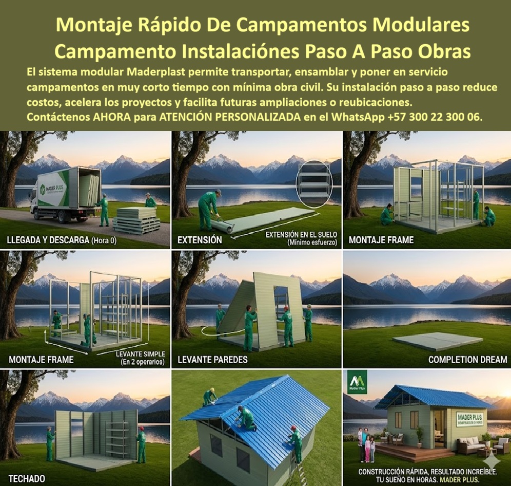 Manual Instalación Campamento Modular Paso A Paso Maderplast - Manual Instalación Campamento Modular Paso a Paso — Montaje Rápido - Nueve etapas secuenciales documentadas visualmente muestran el proceso completo de Maderplast montaje de un campamento modular Maderplast desde hora cero: descarga de paneles desde camión de transporte, extensión de componentes en suelo con mínimo esfuerzo, ensamble de estructura frame metálica, levante de paredes con solo dos operarios, instalación de cubierta y resultado final completamente funcional, todo en entorno natural con lago y montañas al fondo como escenario de instalación tipo campo remoto. Esta secuencia no es publicidad: es el manual de instalación real que demuestra por qué el sistema modular Maderplast reduce los tiempos de habilitación de campamentos de obra, proyectos remotos y frentes industriales de semanas a horas, eliminando la dependencia de mano de obra especializada, obra civil húmeda y equipos de construcción pesada que hacen imposible instalar infraestructura temporal en zonas de difícil acceso. El argumento técnico más poderoso de un campamento modular no es cuánto resiste una vez instalado, sino cuánto tiempo y cuántos recursos consume instalarlo. En proyectos remotos, campos petroleros, obras de infraestructura vial en zonas de montaña y frentes de urbanización donde cada día sin campamento operativo es un día de decisiones técnicas tomadas en condiciones inadecuadas, la velocidad de instalación no es una ventaja competitiva secundaria: es la variable que determina si el proyecto arranca a tiempo o acumula sobrecostos desde el primer día. El sistema Maderplast de ensamble en seco, con paneles que se extienden en suelo plano y se levantan con solo dos operarios sin grúa ni andamios, permite tener el campamento completamente operativo en el mismo día de llegada de los módulos al sitio, independientemente de las condiciones del terreno o la disponibilidad de maquinaria en campo. La secuencia de montaje documentada en la infografía elimina la incertidumbre técnica que más retrasa las decisiones de compra de campamentos modulares en proyectos de ingeniería: el comprador técnico no necesita imaginar cómo se instala ni contratar una supervisión especializada para asegurar que el proceso sea correcto, porque el sistema de ensamble frame metálico con paneles de plástico técnico de alta densidad Maderplast tiene una lógica constructiva intuitiva que cualquier equipo de dos operarios puede ejecutar siguiendo la guía paso a paso sin experiencia previa en construcción modular. Los paneles no requieren cortes en obra, no generan residuos de construcción, no necesitan selladores que requieran tiempo de curado y no dependen de condiciones climáticas específicas para el montaje, permitiendo instalar en lluvia, frío o calor intenso sin afectar la calidad del resultado final. La estructura frame metálica que se levanta con dos operarios en la etapa cuatro de la secuencia no es una estructura provisional: es el esqueleto estructural permanente del campamento, calculado para resistir cargas de viento de zonas de campo abierto, el peso acumulado de lluvia en techo y los impactos físicos del uso intensivo continuo durante más de 20 años, con la misma rigidez y seguridad estructural desde el primer día de instalación hasta el último día de operación del proyecto. El resultado final visible en el panel nueve, con cubierta azul instalada y señalización corporativa Mader Plus en fachada, es la prueba de que velocidad de instalación y calidad de resultado final no son variables opuestas en el sistema Maderplast: son el mismo producto. La guía de armado de campamentos prefabricados térmicos, el manual paso a paso para montaje de campamentos modulares resistentes, el sistema de instalación rápida de shelters prefabricados para campo y la solución llave en mano de expansión rápida para proyectos de cualquier escala se entregan con cada campamento Maderplast, con fichas técnicas, planos de instalación y soporte técnico directo de fábrica incluido. Asesoría Especializada con un Especialista de Maderplast, Atención Personalizada en este WhatsApp +57 300 22 300 06. Guia De Armado Campamentos Prefabricados Térmicos, Como Armar Campamento Prefabricado Rápido Resistente Seguro, Guía Paso A Paso Para Montaje De Campamentos Modulares, Paso Manual Instalación Campamento Modular Paso A Paso Maderplast Guia De Armado Campamentos Prefabricados Térmicos Como Armar Campamento Prefabricado Rápido Resistente Seguro Guía Paso A Paso Para Montaje De Campamentos Modulares Paso Manual Instalación Campamento Modular Paso a Paso — Montaje Rápido - Nueve etapas secuenciales documentadas visualmente muestran el proceso completo de Maderplast montaje de un campamento modular Maderplast desde hora cero: descarga de paneles desde camión de transporte, extensión de componentes en suelo con mínimo esfuerzo, ensamble de estructura frame metálica, levante de paredes con solo dos operarios, instalación de cubierta y resultado final completamente funcional, todo en entorno natural con lago y montañas al fondo como escenario de instalación tipo campo remoto. Esta secuencia no es publicidad: es el manual de instalación real que demuestra por qué el sistema modular Maderplast reduce los tiempos de habilitación de campamentos de obra, proyectos remotos y frentes industriales de semanas a horas, eliminando la dependencia de mano de obra especializada, obra civil húmeda y equipos de construcción pesada que hacen imposible instalar infraestructura temporal en zonas de difícil acceso. El argumento técnico más poderoso de un campamento modular no es cuánto resiste una vez instalado, sino cuánto tiempo y cuántos recursos consume instalarlo. En proyectos remotos, campos petroleros, obras de infraestructura vial en zonas de montaña y frentes de urbanización donde cada día sin campamento operativo es un día de decisiones técnicas tomadas en condiciones inadecuadas, la velocidad de instalación no es una ventaja competitiva secundaria: es la variable que determina si el proyecto arranca a tiempo o acumula sobrecostos desde el primer día. El sistema Maderplast de ensamble en seco, con paneles que se extienden en suelo plano y se levantan con solo dos operarios sin grúa ni andamios, permite tener el campamento completamente operativo en el mismo día de llegada de los módulos al sitio, independientemente de las condiciones del terreno o la disponibilidad de maquinaria en campo. La secuencia de montaje documentada en la infografía elimina la incertidumbre técnica que más retrasa las decisiones de compra de campamentos modulares en proyectos de ingeniería: el comprador técnico no necesita imaginar cómo se instala ni contratar una supervisión especializada para asegurar que el proceso sea correcto, porque el sistema de ensamble frame metálico con paneles de plástico técnico de alta densidad Maderplast tiene una lógica constructiva intuitiva que cualquier equipo de dos operarios puede ejecutar siguiendo la guía paso a paso sin experiencia previa en construcción modular. Los paneles no requieren cortes en obra, no generan residuos de construcción, no necesitan selladores que requieran tiempo de curado y no dependen de condiciones climáticas específicas para el montaje, permitiendo instalar en lluvia, frío o calor intenso sin afectar la calidad del resultado final. La estructura frame metálica que se levanta con dos operarios en la etapa cuatro de la secuencia no es una estructura provisional: es el esqueleto estructural permanente del campamento, calculado para resistir cargas de viento de zonas de campo abierto, el peso acumulado de lluvia en techo y los impactos físicos del uso intensivo continuo durante más de 20 años, con la misma rigidez y seguridad estructural desde el primer día de instalación hasta el último día de operación del proyecto. El resultado final visible en el panel nueve, con cubierta azul instalada y señalización corporativa Mader Plus en fachada, es la prueba de que velocidad de instalación y calidad de resultado final no son variables opuestas en el sistema Maderplast: son el mismo producto. La guía de armado de campamentos prefabricados térmicos, el manual paso a paso para montaje de campamentos modulares resistentes, el sistema de instalación rápida de shelters prefabricados para campo y la solución llave en mano de expansión rápida para proyectos de cualquier escala se entregan con cada campamento Maderplast, con fichas técnicas, planos de instalación y soporte técnico directo de fábrica incluido. Asesoría Especializada con un Especialista de Maderplast, Atención Personalizada en este WhatsApp +57 300 22 300 06.
